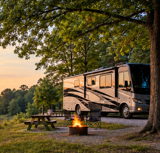 Illustrative concept art of a motorhome beneath trees beside a campfire at dusk