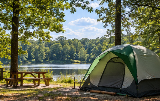 Illustrative concept art of a green dome tent and picnic table near water under trees